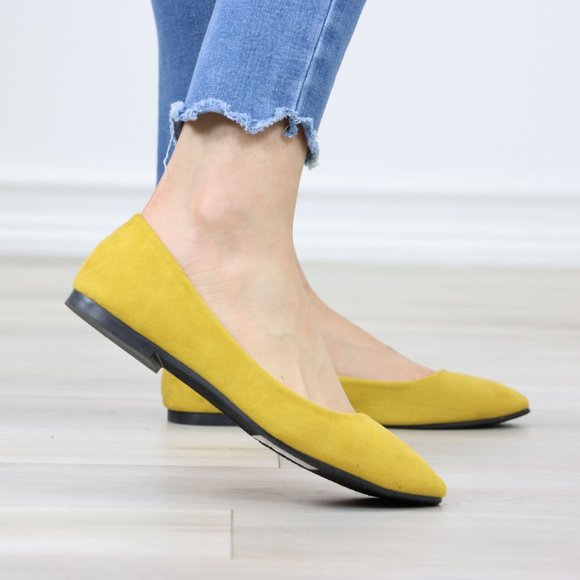 Mustard Yellow Faux Suede Wide Pointy Toe Slip On Flat Shoes - Picture 6 of 12